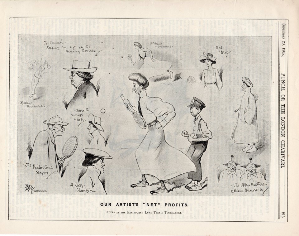Illustration from Punch Magazine showing caricatures of people attending Eastbourne Tennis tournaments in 1905 